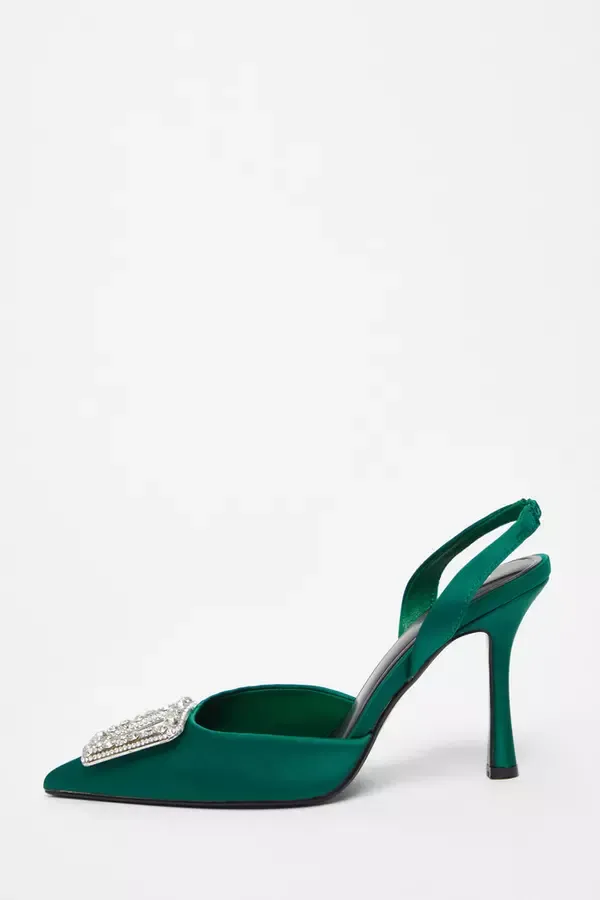 Women Green Satin Brooch Court Heels Quiz Clothing Party Shoes