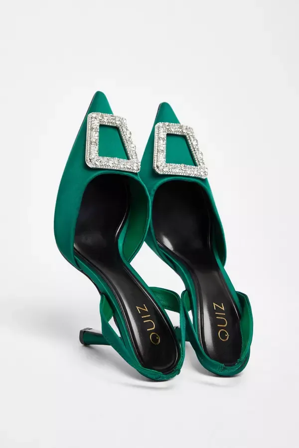 Women Green Satin Brooch Court Heels Quiz Clothing Party Shoes