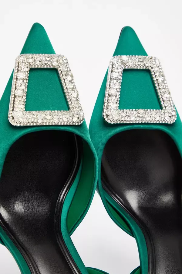 Women Green Satin Brooch Court Heels Quiz Clothing Party Shoes