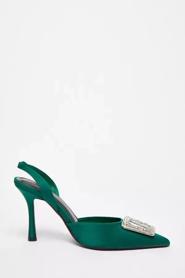 Women Green Satin Brooch Court Heels Quiz Clothing Party Shoes