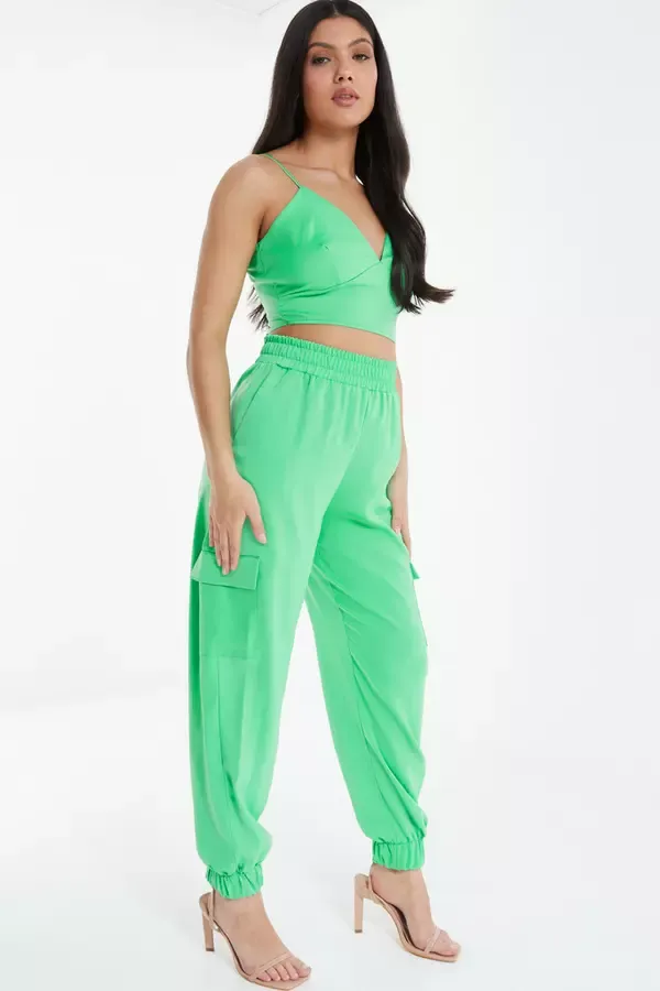 Women Green Satin Cargo Trousers Quiz Clothing Trousers