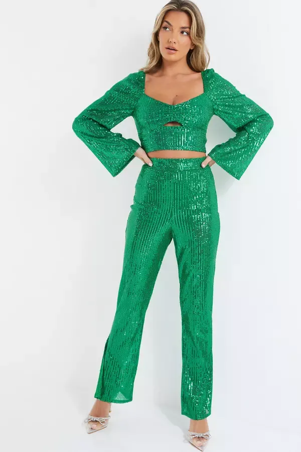 Women Green Sequin Palazzo Trousers Quiz Clothing CoOrds