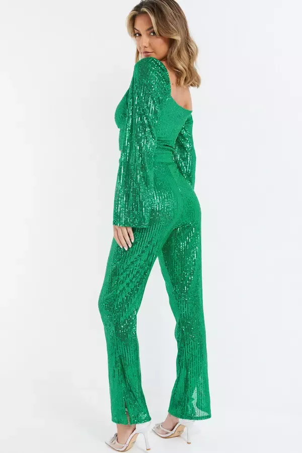 Women Green Sequin Palazzo Trousers Quiz Clothing CoOrds