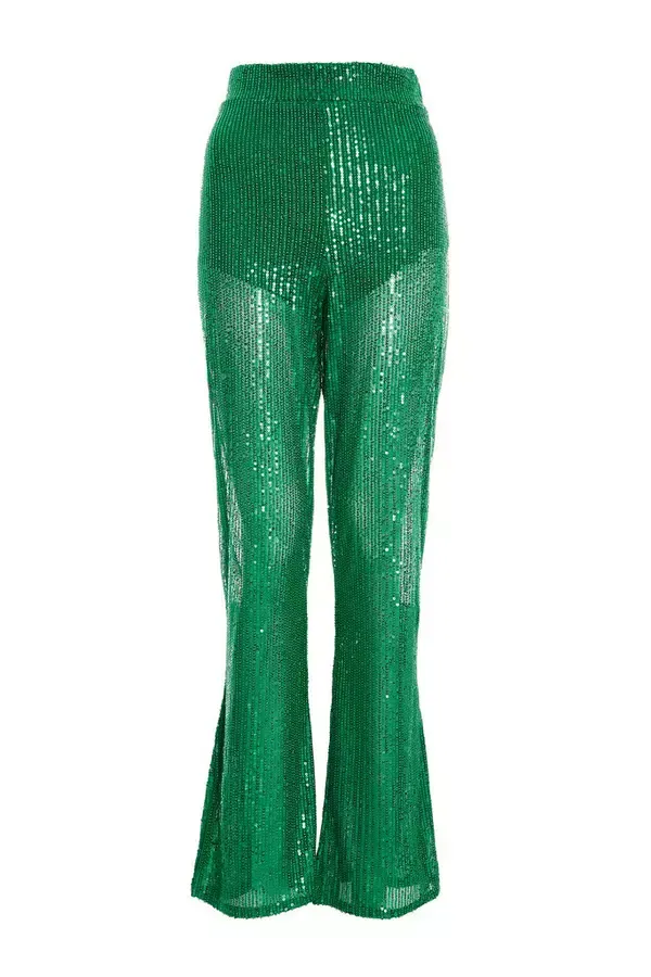 Women Green Sequin Palazzo Trousers Quiz Clothing CoOrds