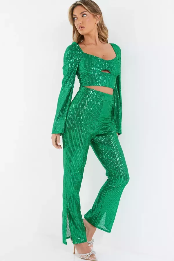 Women Green Sequin Palazzo Trousers Quiz Clothing CoOrds