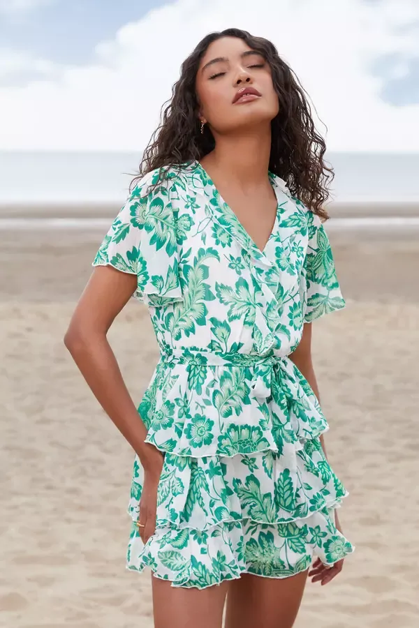 Women Green Tropical Print Skater Dress Quiz Clothing Casual Clothing