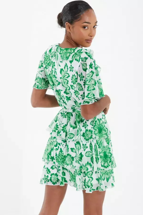 Women Green Tropical Print Skater Dress Quiz Clothing Casual Clothing