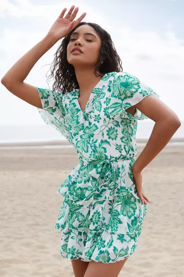 Women Green Tropical Print Skater Dress Quiz Clothing Casual Clothing