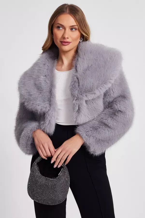 Women Grey Faux Fur Cropped Jacket Quiz Clothing Jackets and Coats