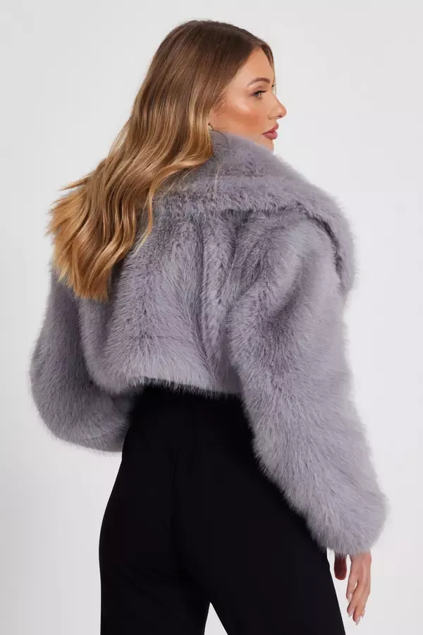 Women Grey Faux Fur Cropped Jacket Quiz Clothing Jackets and Coats