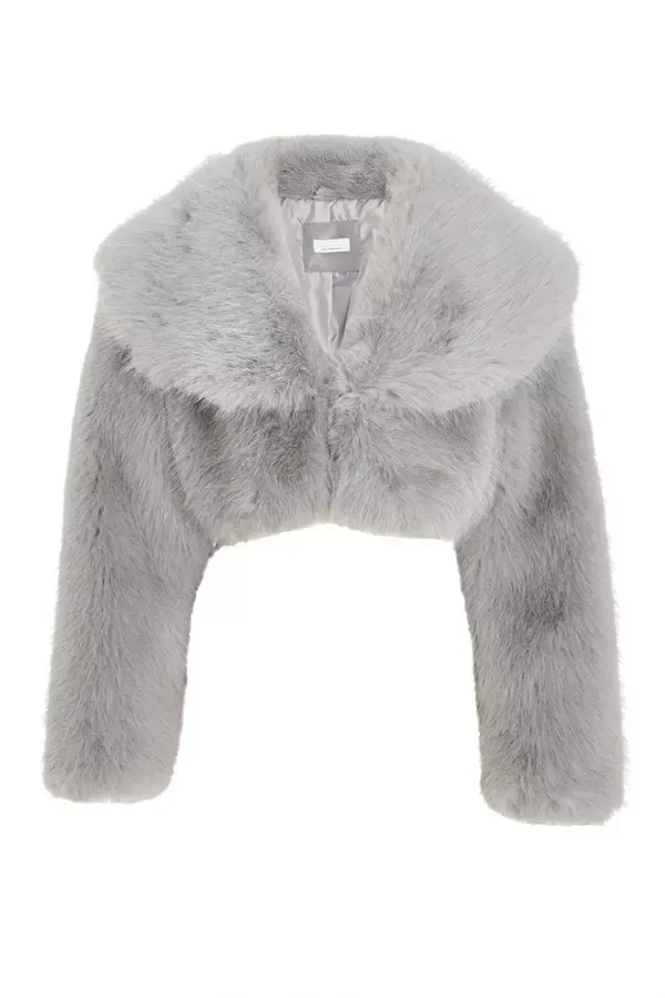 Women Grey Faux Fur Cropped Jacket Quiz Clothing Jackets and Coats