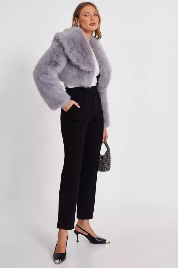 Women Grey Faux Fur Cropped Jacket Quiz Clothing Jackets and Coats