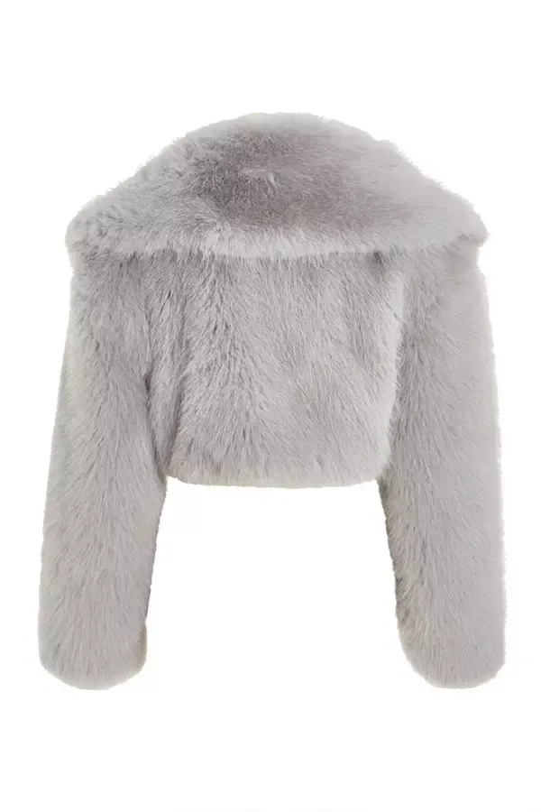 Women Grey Faux Fur Cropped Jacket Quiz Clothing Jackets and Coats