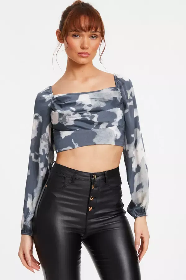 Women Grey Satin Smudge Print Cropped Top Quiz Clothing Tops