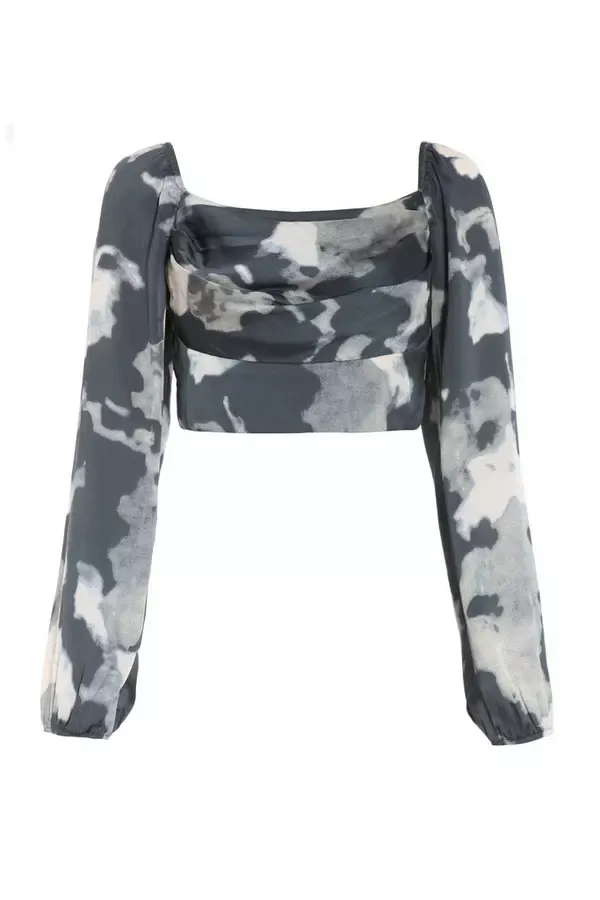 Women Grey Satin Smudge Print Cropped Top Quiz Clothing Tops