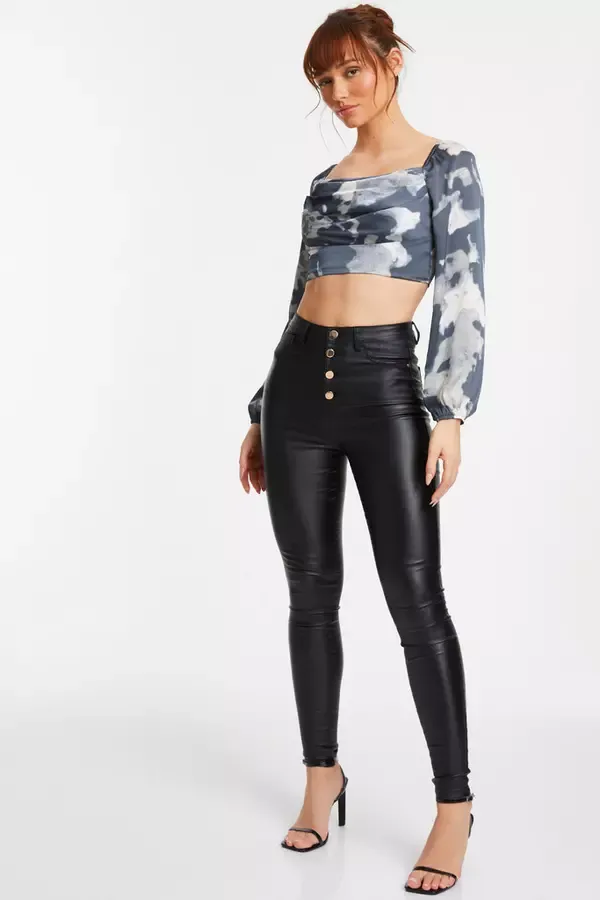 Women Grey Satin Smudge Print Cropped Top Quiz Clothing Tops
