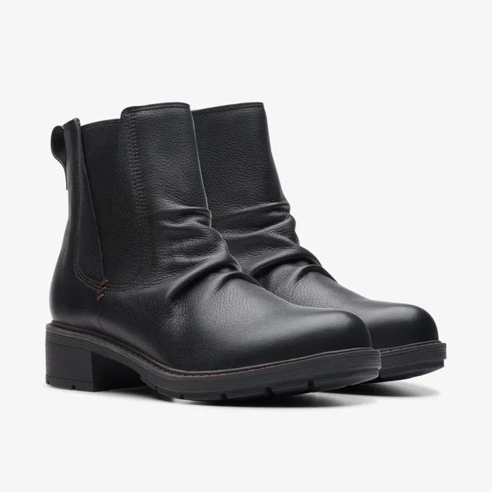 Women Hearth Rose Black Leather Clarks Boots and Booties