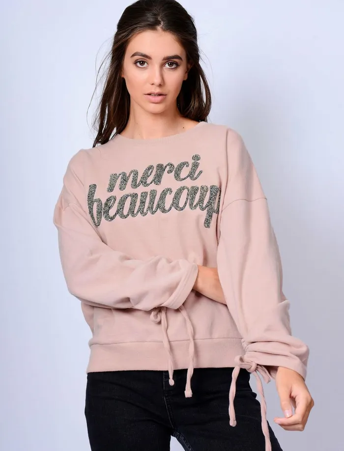 Women Hoodies and Sweatshirts Tokyo Laundry Azalea Oversized Sweatshirt With Boucle Motif In Peach Whip Amara Reya Cream