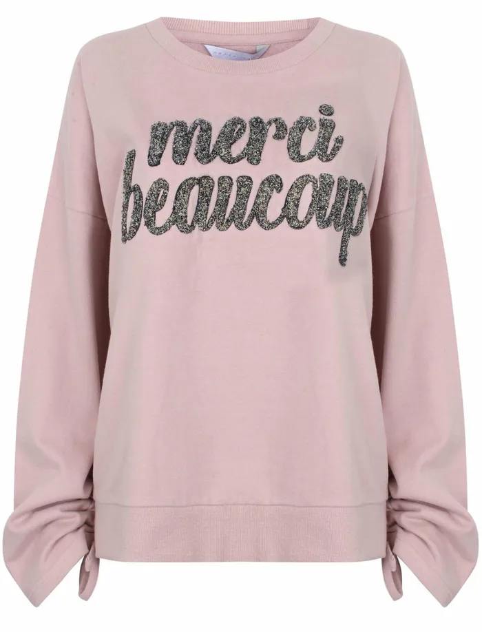 Women Hoodies and Sweatshirts Tokyo Laundry Azalea Oversized Sweatshirt With Boucle Motif In Peach Whip Amara Reya Cream