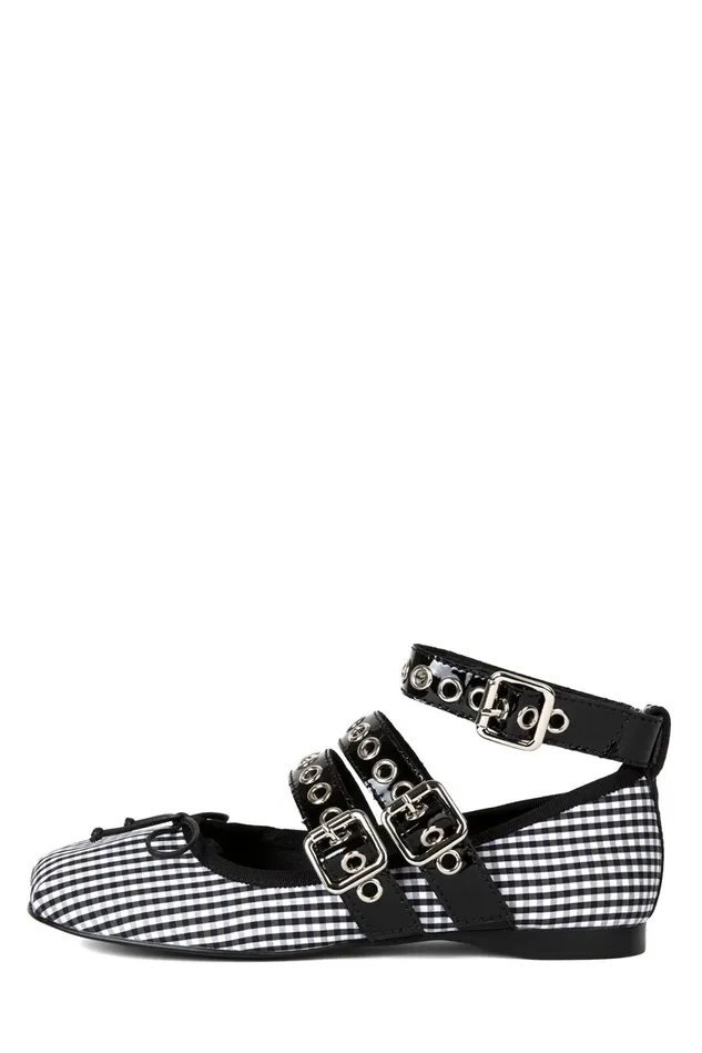 Women Jeffrey Campbell Ballet Flats RINA White Gingham Black Patent