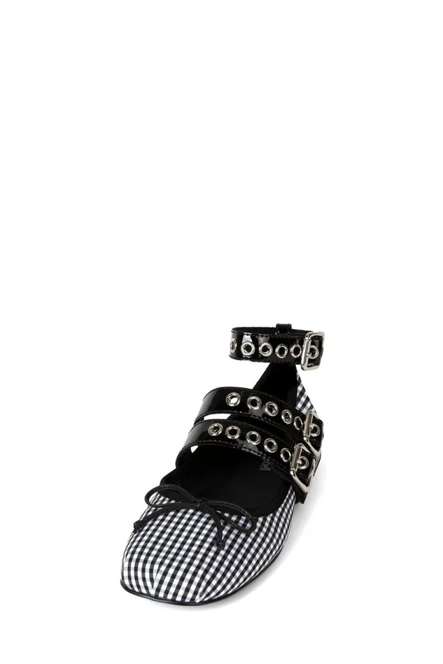 Women Jeffrey Campbell Ballet Flats RINA White Gingham Black Patent