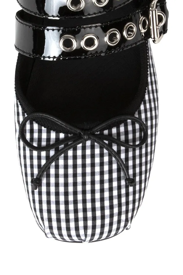 Women Jeffrey Campbell Ballet Flats RINA White Gingham Black Patent