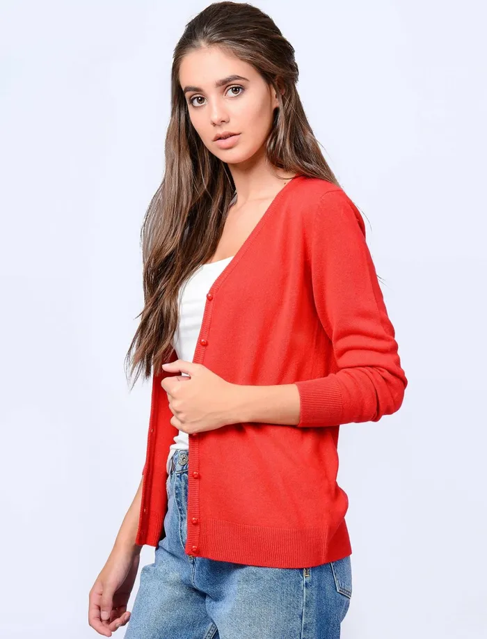 Women Jumpers and Cardigans Tokyo Laundry Monet V Neck Button Up Cardigan In Pillar Box Red 8211 Plum Tree Red