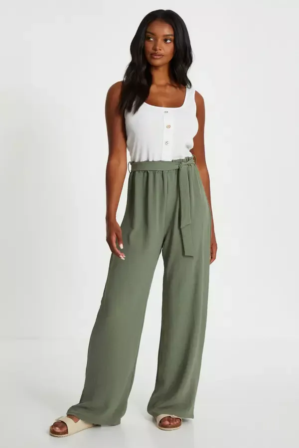 Women Khaki Contrast Ribbed Palazzo Jumpsuit Quiz Clothing Jumpsuits