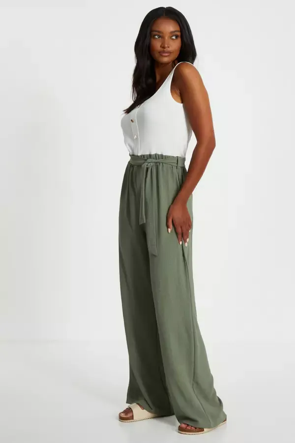 Women Khaki Contrast Ribbed Palazzo Jumpsuit Quiz Clothing Jumpsuits