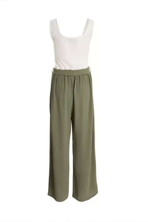 Women Khaki Contrast Ribbed Palazzo Jumpsuit Quiz Clothing Jumpsuits
