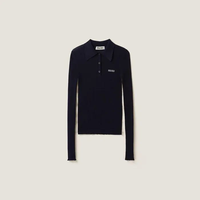Women Knitwear Miu Miu Cashmere And Silk Knit Polo Shirt Navy