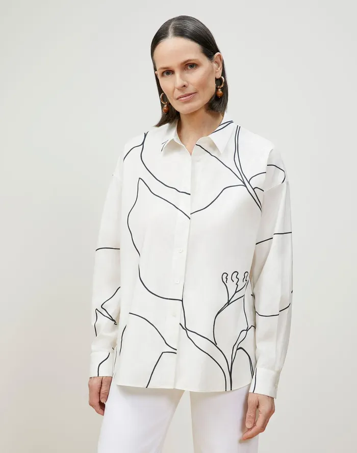 Women Lafayette 148 New York Blouses and Shirts Elise Shirt In Winding Leaf Print Italian Cotton White Multi Women Lafayette 148 New York Blouses and Shirts Elise Shirt In Winding Leaf Print Italian Cotton White Multi