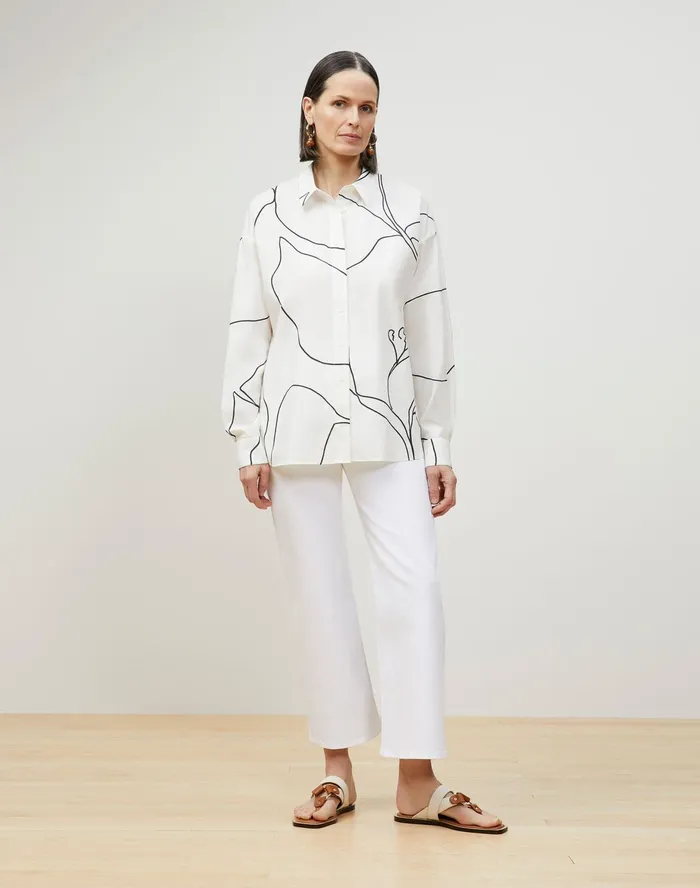 Women Lafayette 148 New York Blouses and Shirts Elise Shirt In Winding Leaf Print Italian Cotton White Multi