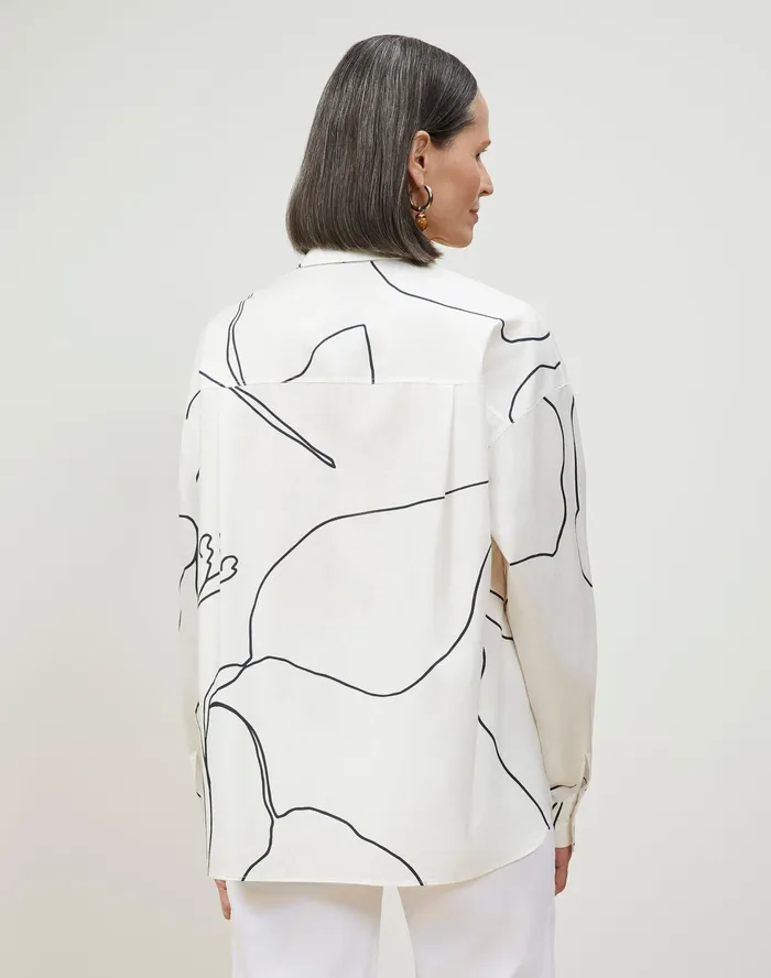 Women Lafayette 148 New York Blouses and Shirts Elise Shirt In Winding Leaf Print Italian Cotton White Multi