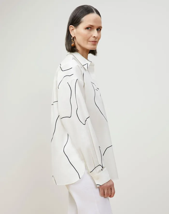 Women Lafayette 148 New York Blouses and Shirts Elise Shirt In Winding Leaf Print Italian Cotton White Multi