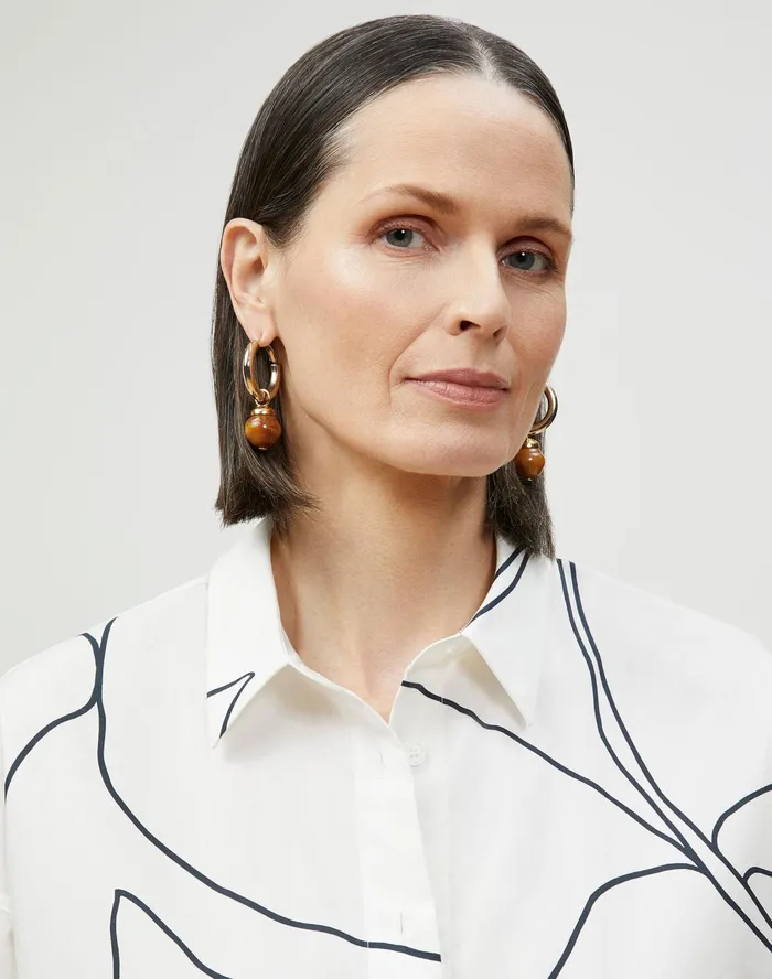 Women Lafayette 148 New York Blouses and Shirts Elise Shirt In Winding Leaf Print Italian Cotton White Multi