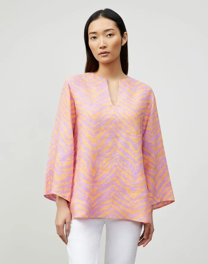 Women Lafayette 148 New York Blouses and Shirts Hawley Blouse In Zevron Print Linen Dahlia Multi