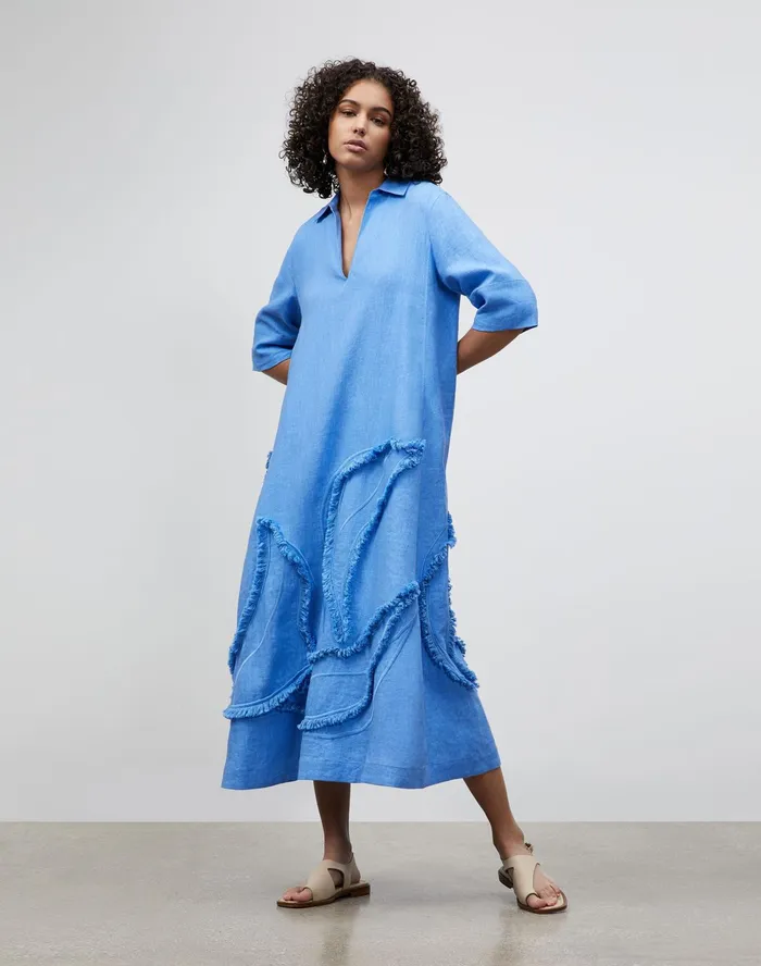 Women Lafayette 148 New York Dresses Sera Dress In Eyelash Embellished Summer Linen Bluebell