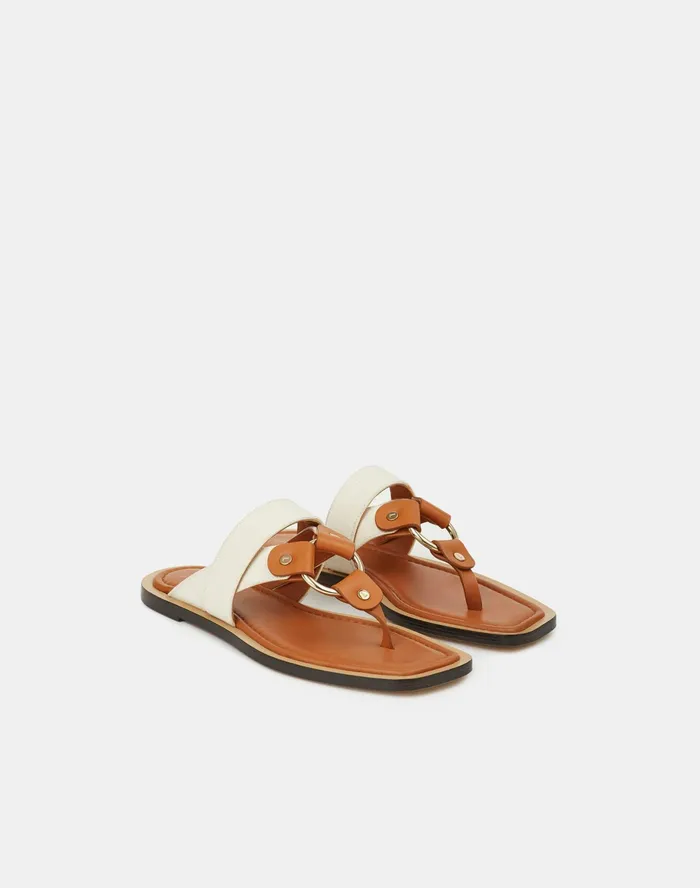 Women Lafayette 148 New York Sandals Sabine Slide In Leather and Canvas Natural