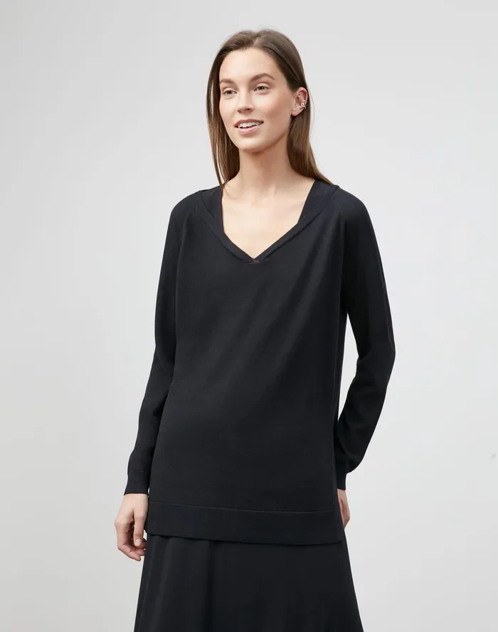 Women Lafayette 148 New York Sweaters PlusSize Cotton Crepe Plaited VNeck Sweater Black