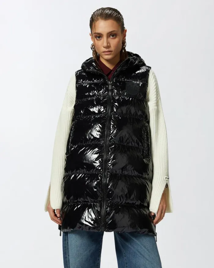 Women Leather Jackets Pinko Padded Puffer Gilet With Hood Limo Black