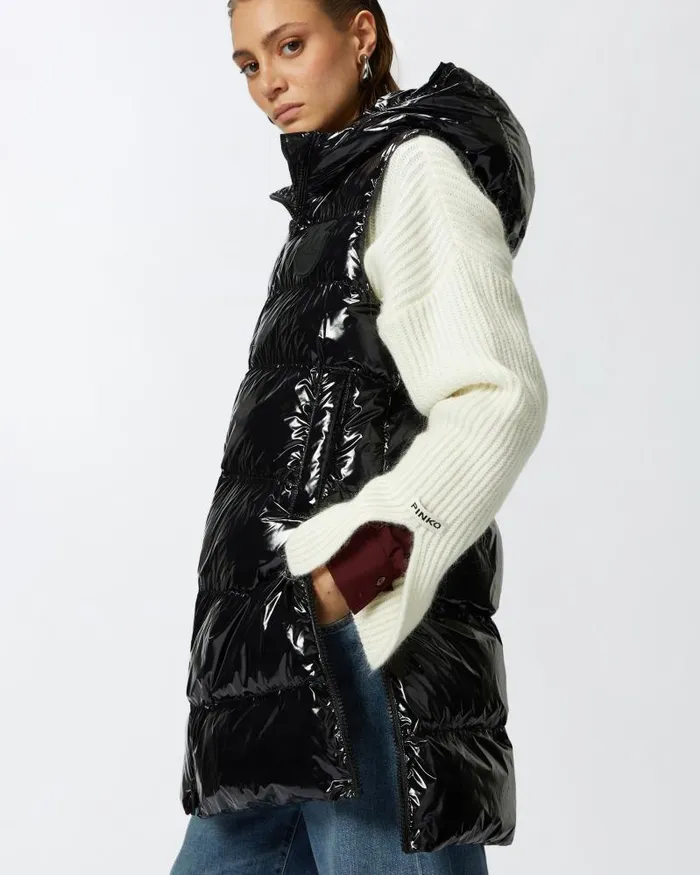 Women Leather Jackets Pinko Padded Puffer Gilet With Hood Limo Black Women Leather Jackets Pinko Padded Puffer Gilet With Hood Limo Black