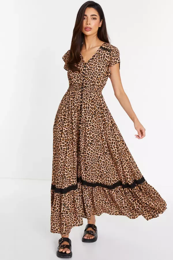 Women Leopard Print Crochet Trim Maxi Dress Quiz Clothing Casual Clothing
