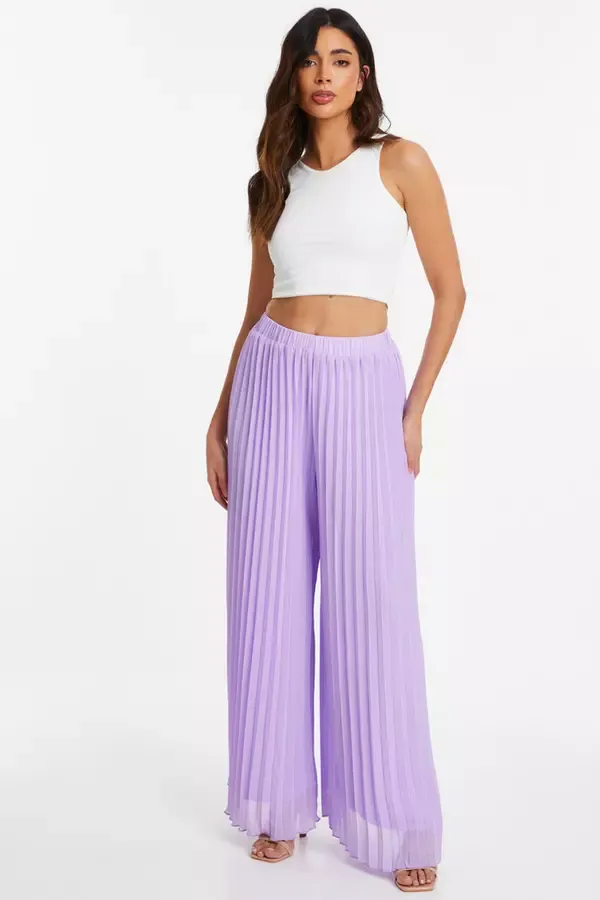 Women Lilac Chiffon Pleated Wide Leg Trousers Quiz Clothing Trousers