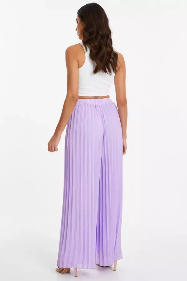 Women Lilac Chiffon Pleated Wide Leg Trousers Quiz Clothing Trousers