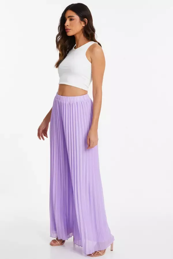 Women Lilac Chiffon Pleated Wide Leg Trousers Quiz Clothing Trousers