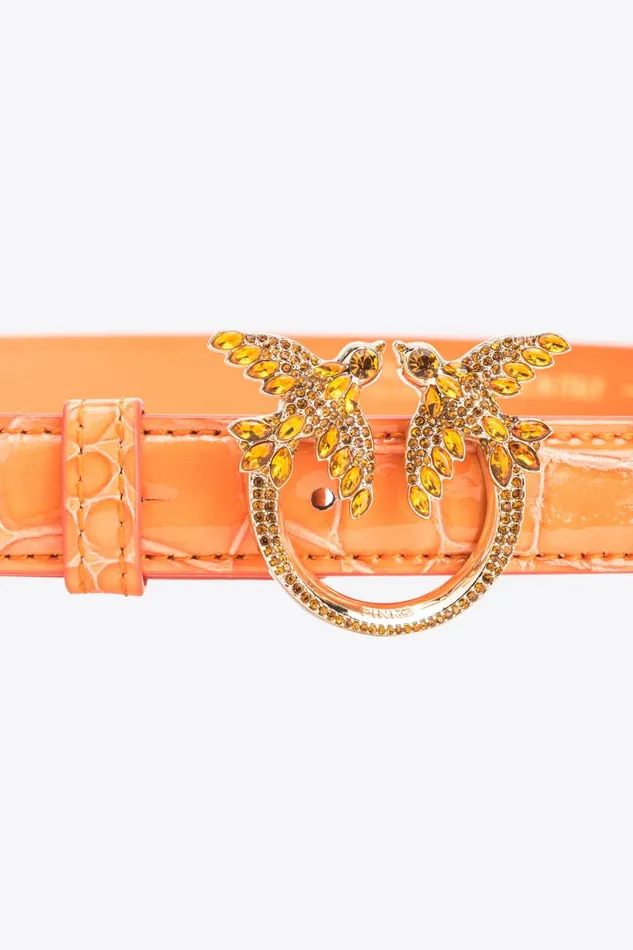 Women Limited Edition Pinko PINKO Galleria Thin 2cm Shiny Coloured Crocprint Belt With Love Birds Buckle Orangelightgold Women Limited Edition Pinko PINKO Galleria Thin 2cm Shiny Coloured Crocprint Belt With Love Birds Buckle Orangelightgold