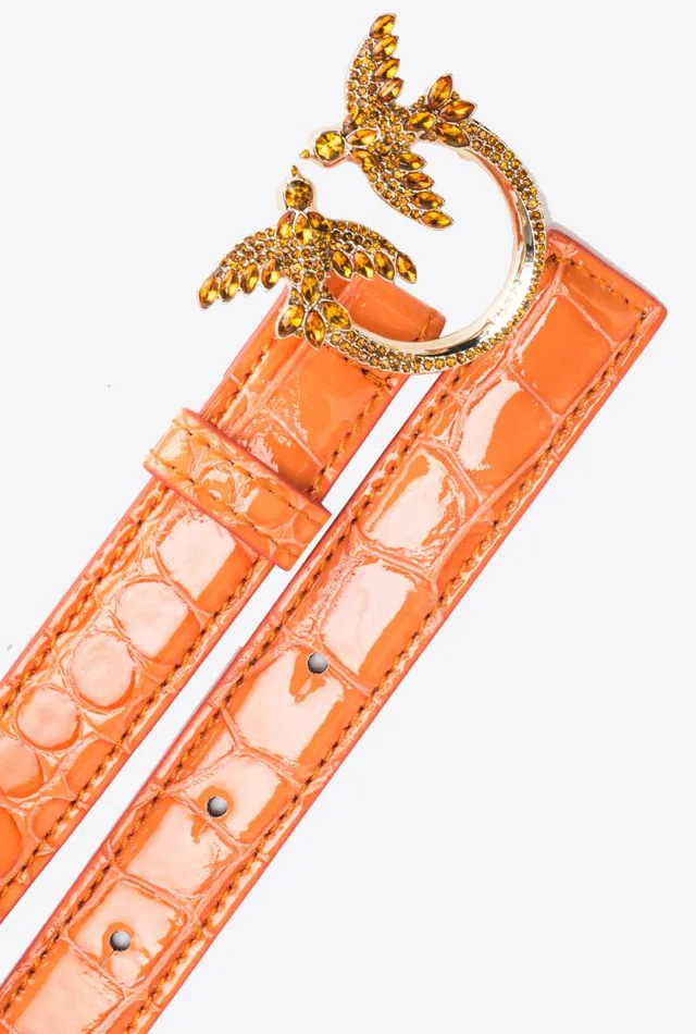 Women Limited Edition Pinko PINKO Galleria Thin 2cm Shiny Coloured Crocprint Belt With Love Birds Buckle Orangelightgold Women Limited Edition Pinko PINKO Galleria Thin 2cm Shiny Coloured Crocprint Belt With Love Birds Buckle Orangelightgold