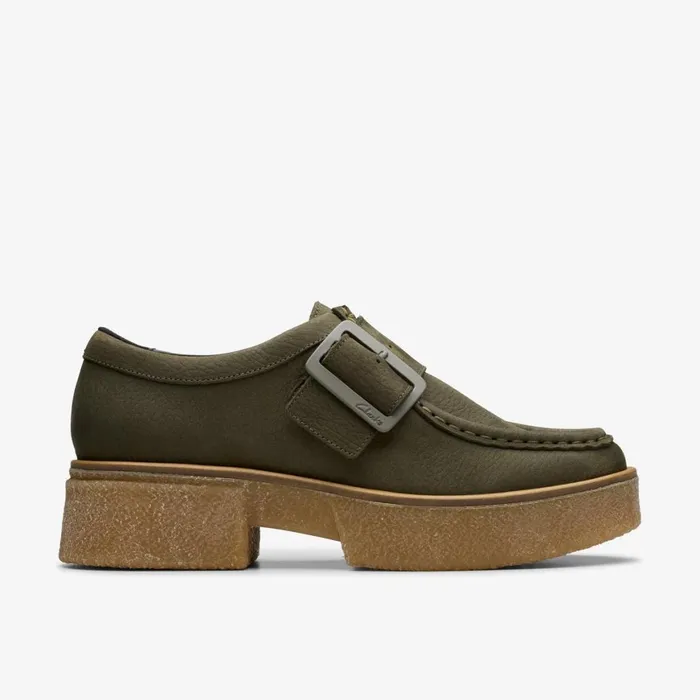Women Linoso Monk Dark Green Nubuck Clarks Loafers and Oxfords