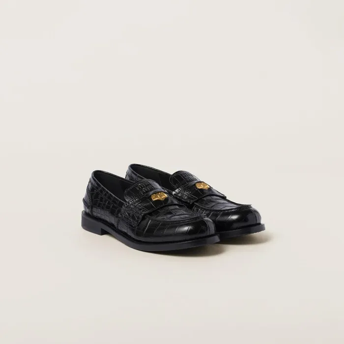 Women Loafers And LaceUps Miu Miu Crocoprint Leather Penny Loafers Black
